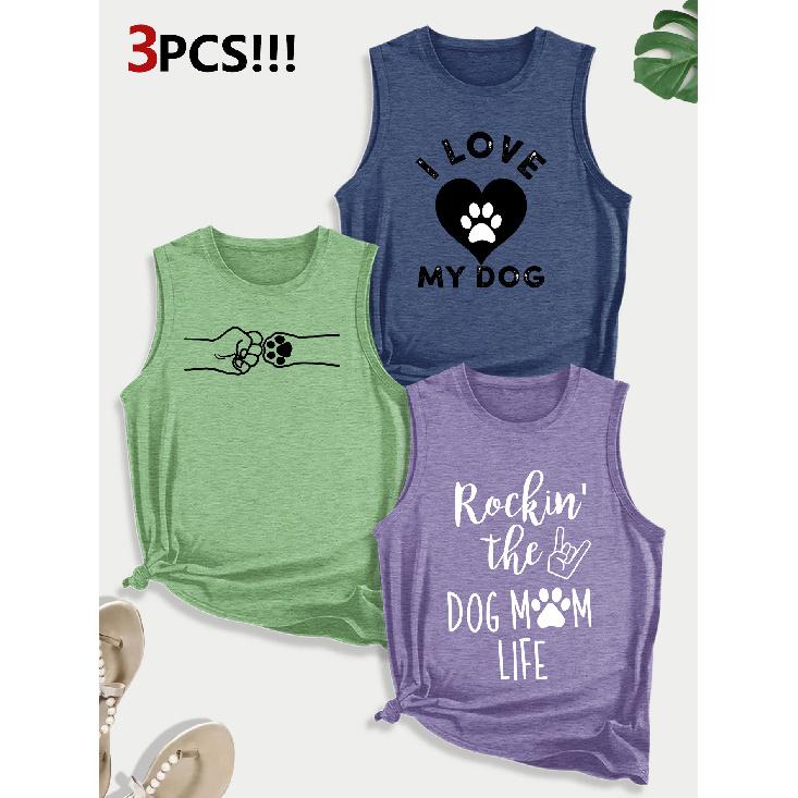 Dog Lover Paw Print Combination Gift Printed Pattern Round Neck3Pack of Sleeveless Vests for Women In Spring, Summer, and Autumn