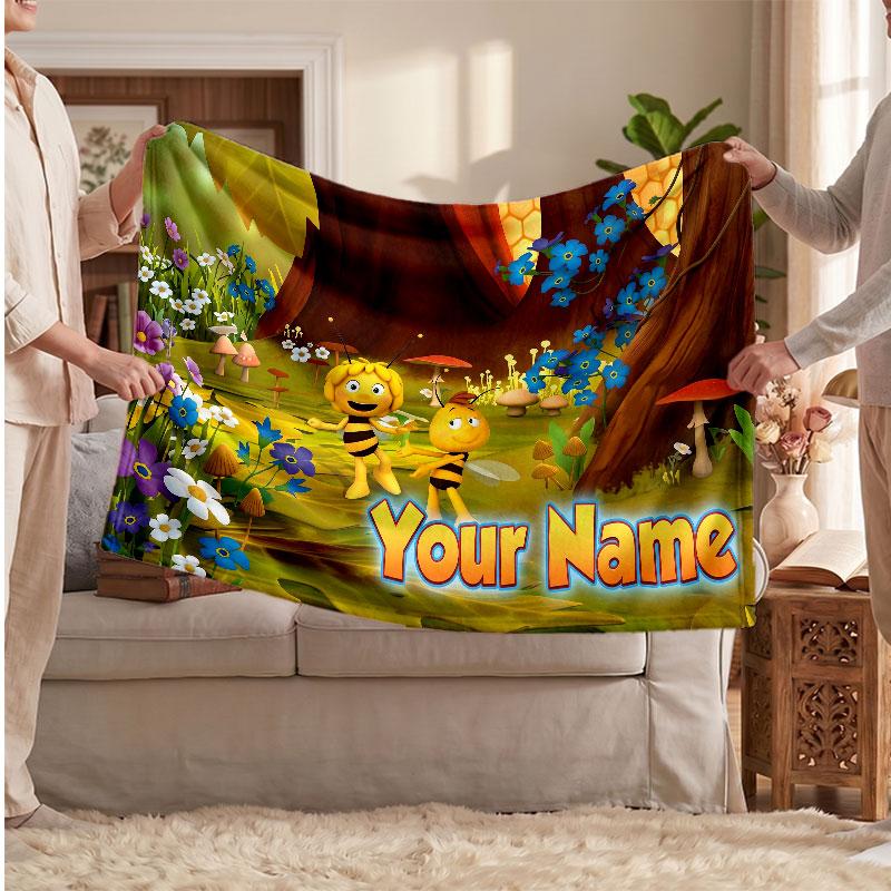 Bing Bunny Personalized Flannel Blanket, Custom Printed Text Name, Warm Soft Blanket For Couch Bed