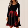 Women's Casual Vintage Halloween Dress Long Sleeve Round Neck Ghost Print Retro Style Midi Dress with Waist Tie for Daily Wear