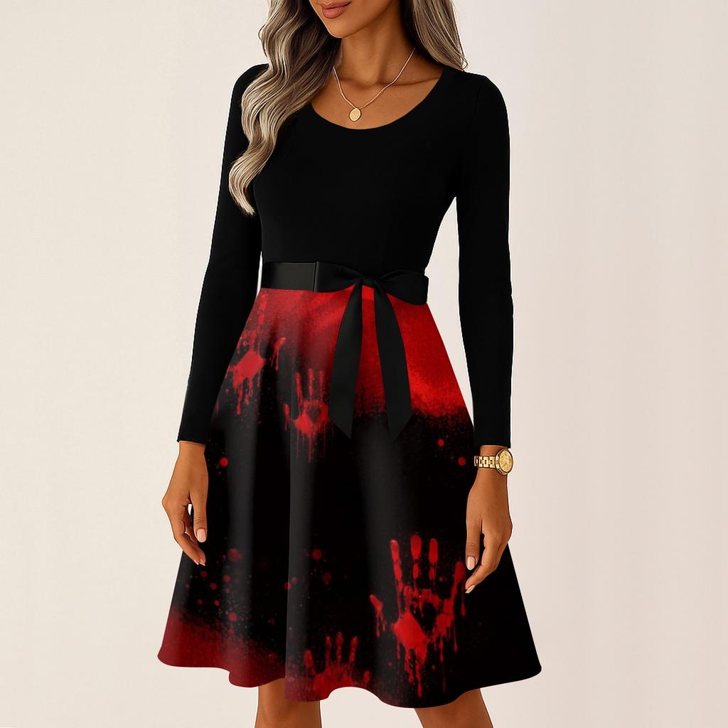Women's Casual Vintage Halloween Dress Long Sleeve Round Neck Ghost Print Retro Style Midi Dress with Waist Tie for Daily Wear
