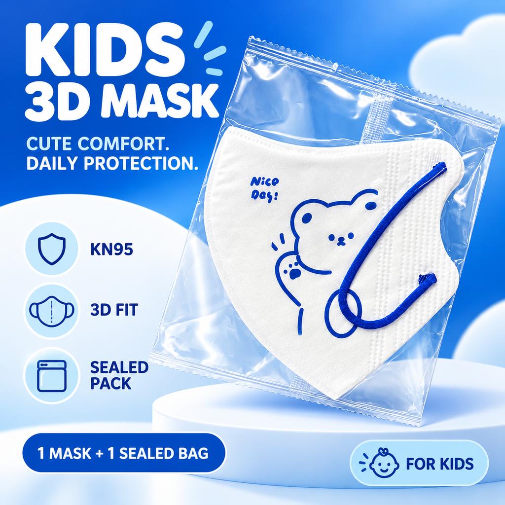 Kids 3D Face Mask KN95 Ear Loop 3-Layer Filtration Individually Sealed