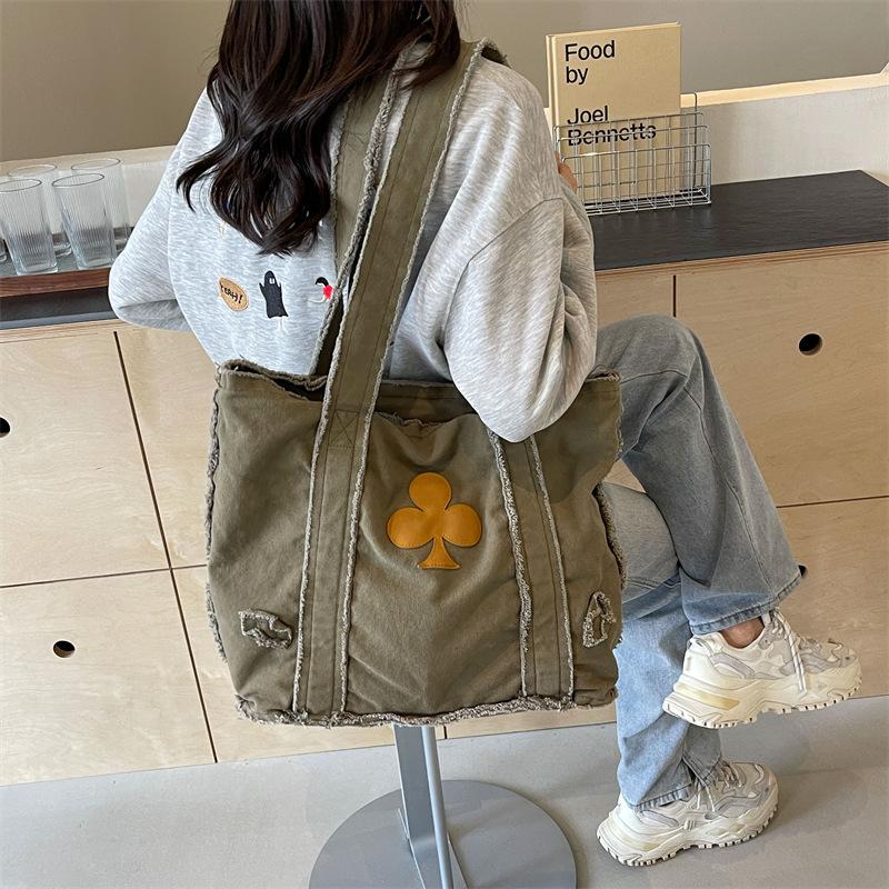 Denim canvas retro bag women's large capacity shoulder bag tote bag casual college student class bag commuter bag