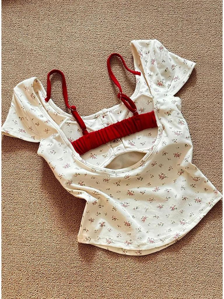 Women's Spicy Girl Two-Piece Floral Camisole T-Shirt with Bra Pads - Slimming Summer Short-Sleeve Top