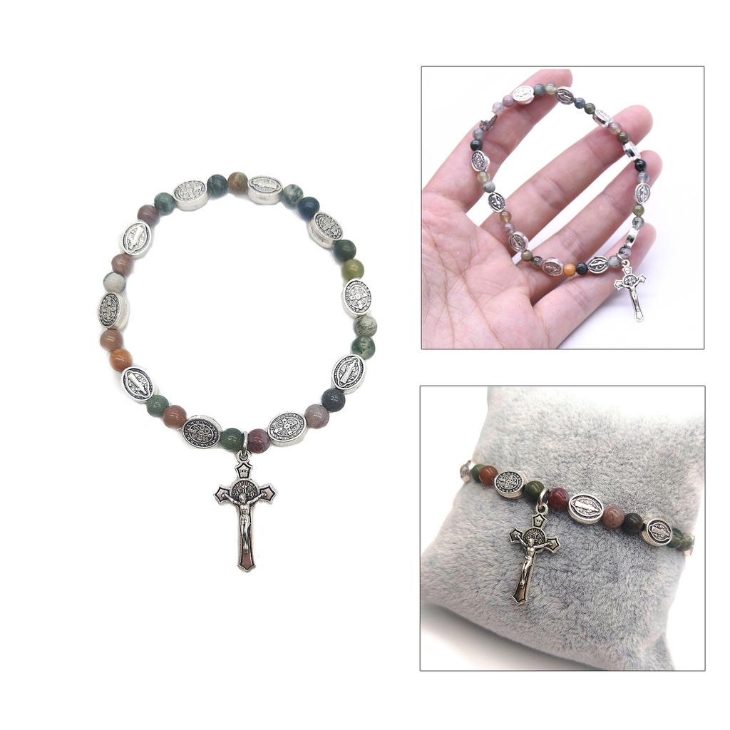 White Bracelet Crucifix Medal-Bracelet Catholic Jewelry Adjustable Crystal Beads