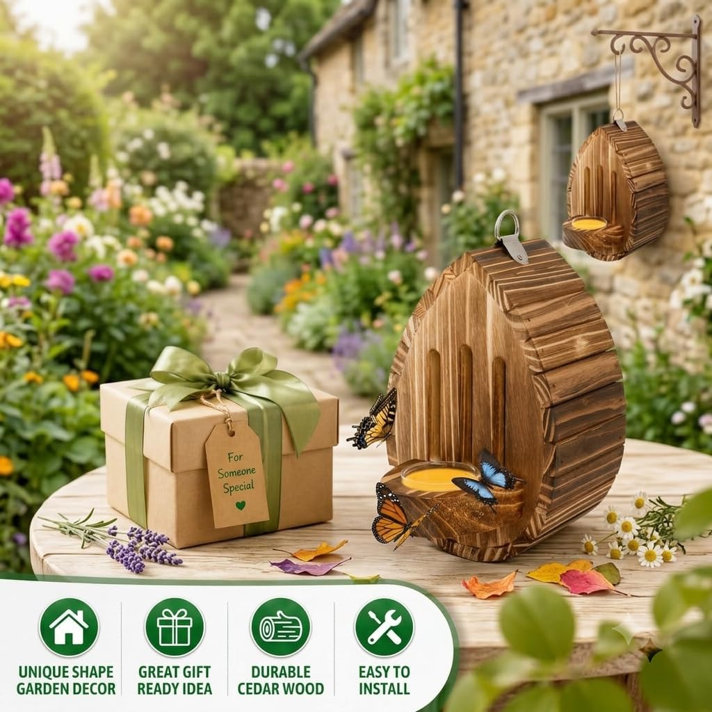 Wooden Butterfly House Habitat & Feeder for Garden Teardrop-Shaped Hanging Nesting Box for Moths & Lacewings Outdoor Backyard Decor with Rope
