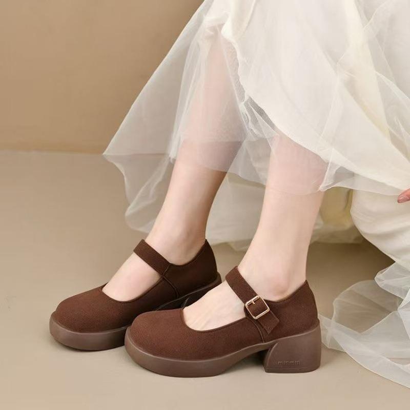 Retro Chunky Heel Women's Soft-soled Anti-slip Thick Sole Breathable Round-toe Versatile Shoes