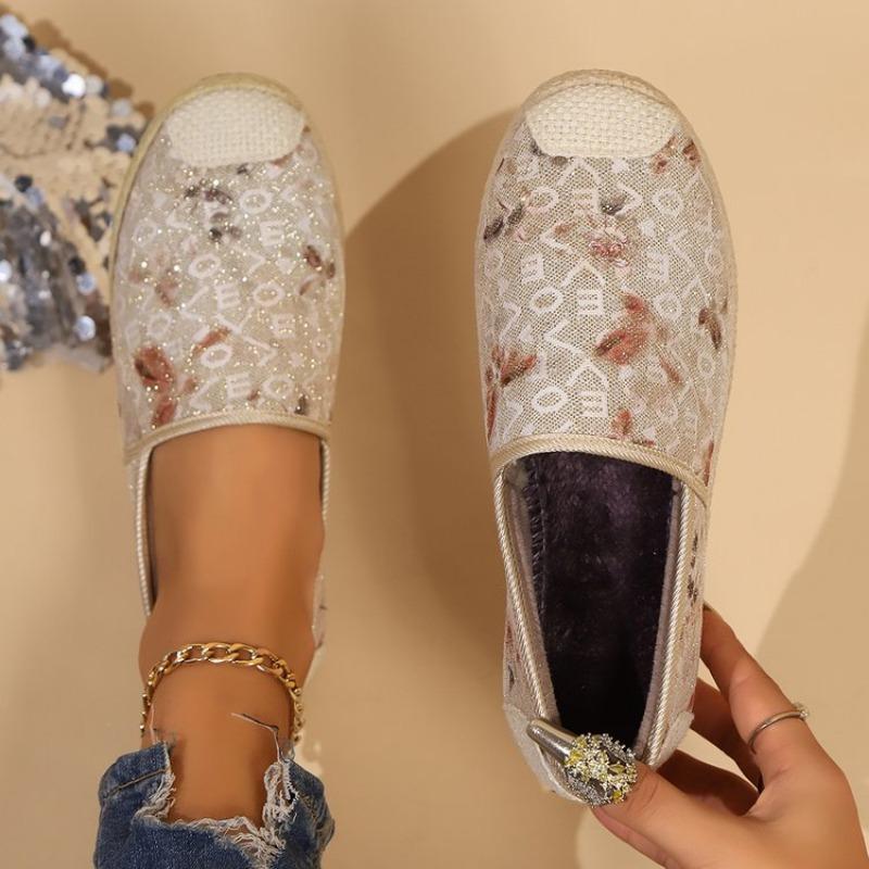 Fashion Plus Size Flat Tweed Cotton Shoes Women's Autumn/Winter New Butterfly Sequin Fashionable Versatile Slip-On Shoes Rubber Upper