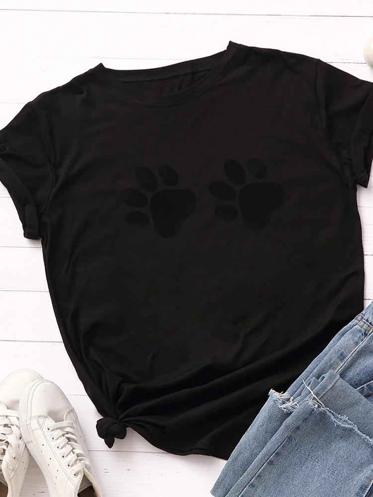 

Женская футболка с принтом двойной собачьей лапы, короткий рукав, O-образный вырез, свободная женская футболка, женская футболка, топы, одежда, женские футболки XXXL чёрный