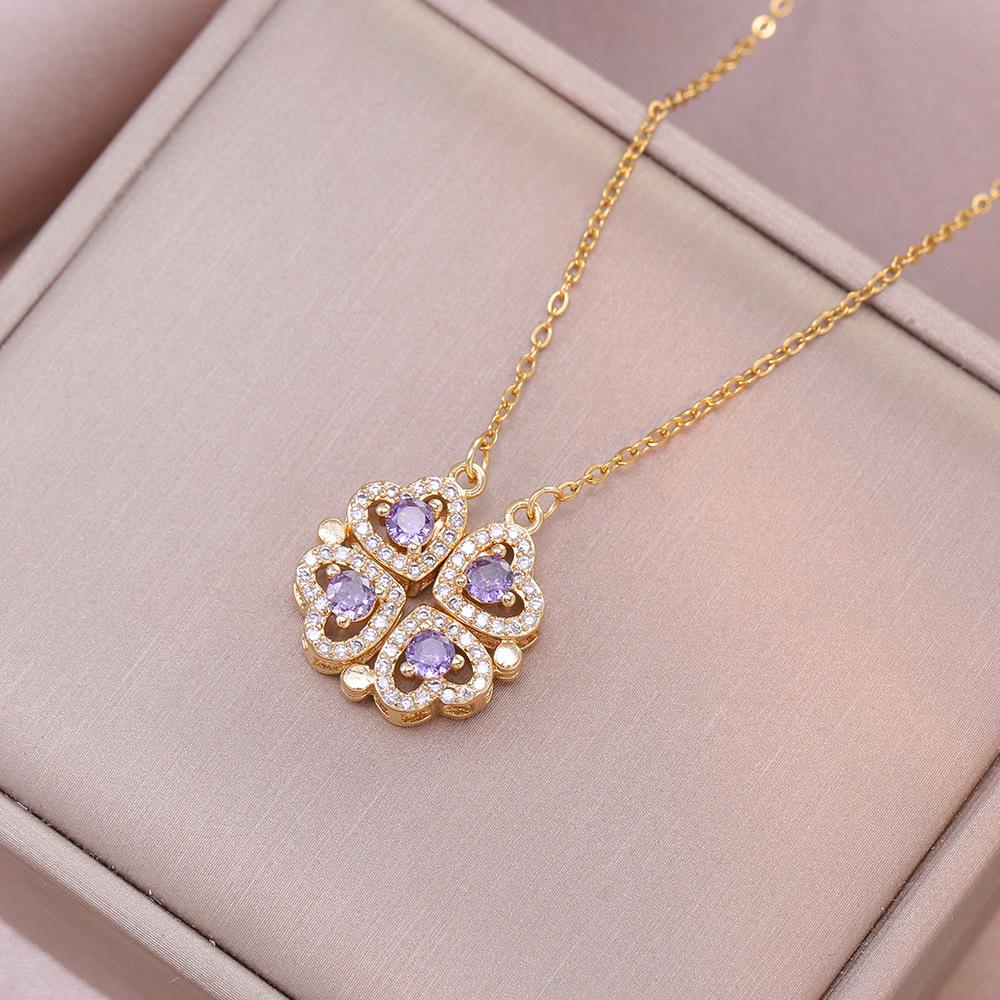 Women's Japanese Korean Folding Fashion Two-Wearing Four-Leaf Flower Heart-to-Heart Clavicle Necklace Zircon Copper Water-Wave