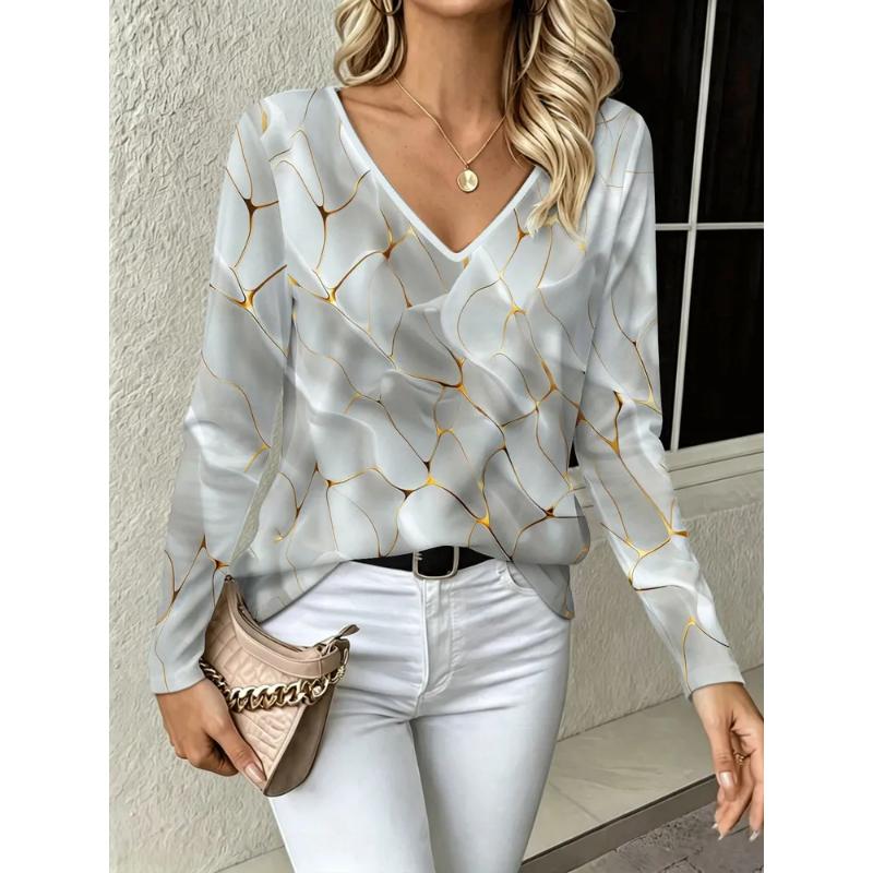 Fashion Women's V-Neck Long Sleeve 3D Casual Color Printing Casual Long Sleeve V-Neck T-Shirt