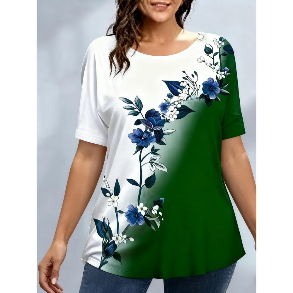 Tricouri de damă mărime mare XL-7XL Tricou de damă cu gât rotund, la modă, cu patchwork floral și imprimeu colorat, cu mânecă scurtă