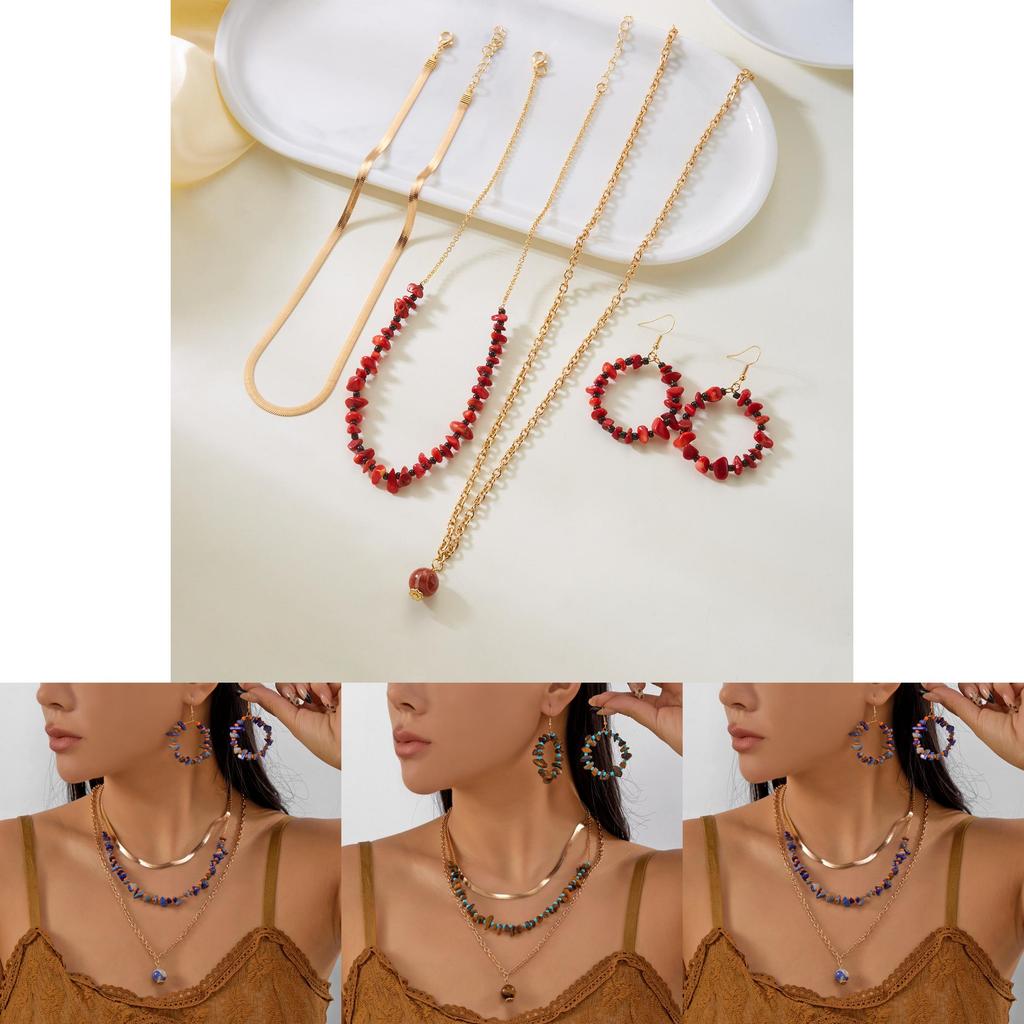 Geometric Alloy Crushed Stone Necklace Earrings Set For Women With Multilayer Design