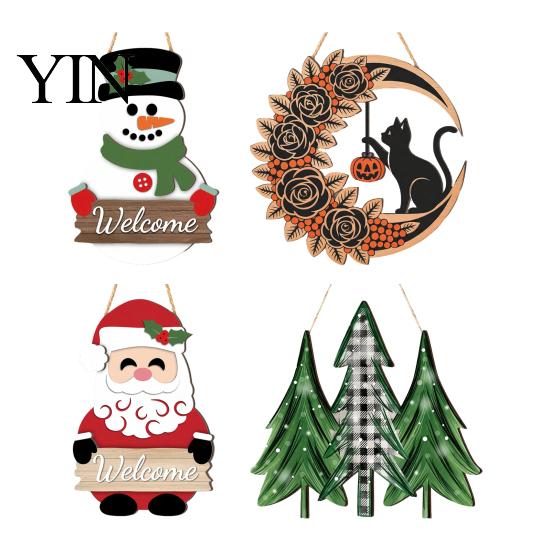 Christmas Tree Wall Decoration 2D Wooden Welcome Hanging Sign, Cartoon Santa Snowman Xmas Party Decor Door Hanger with Rope, Porch Front Holiday