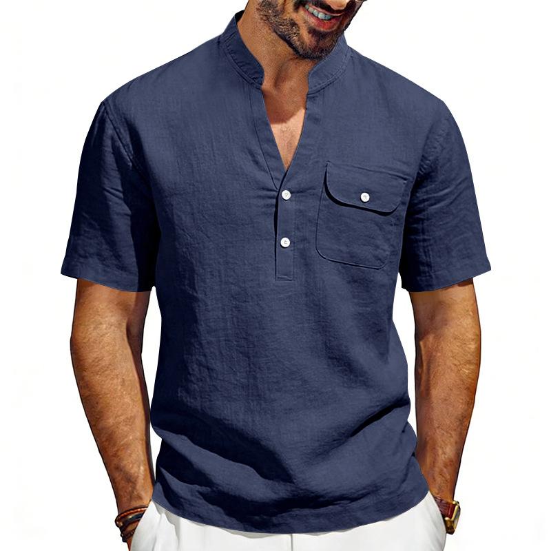 

Summer Men s Solid Color Linen T-Shirt Beach Simple Casual Tooling V-Neck Henry Shirt Short Sleeve Men XXXL Темно-синій