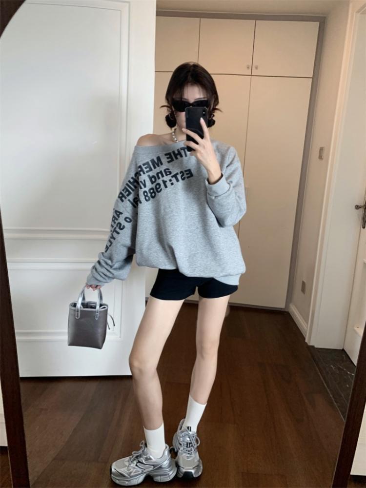 American Retro Diagonal Shoulder Loose T-shirt Women Y2k Letter Printing Design Long Sleeved Tops Autumn Korean Fashion Hight Street Casual Pullover