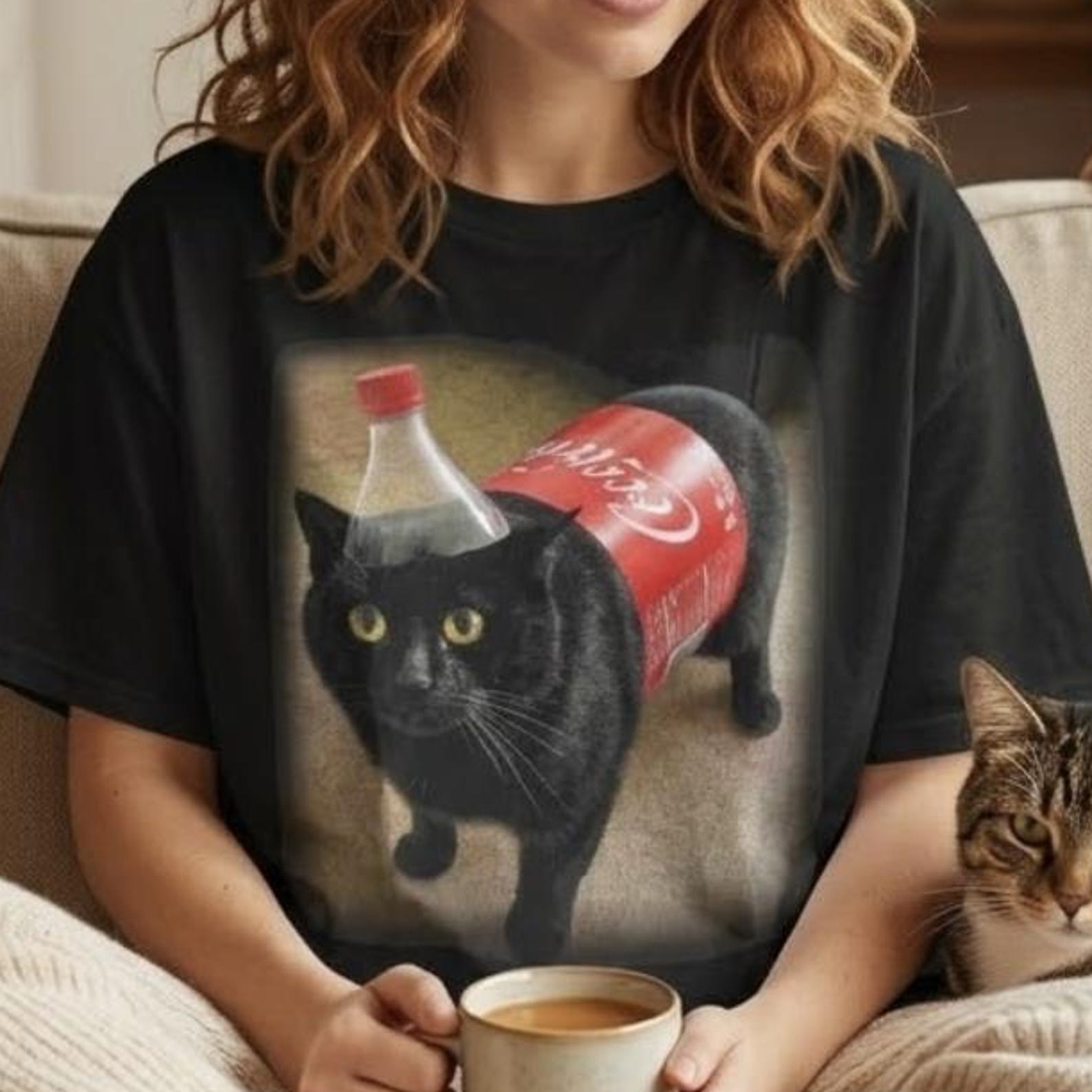Funny Black Cat Soda Shirt, Cute Meme Cat Graphic Tee, Red Soda Bottle Black Cat T-Shirt, Funny Cat Lover Gift Unisex Gildan 5000 Tee 4XL