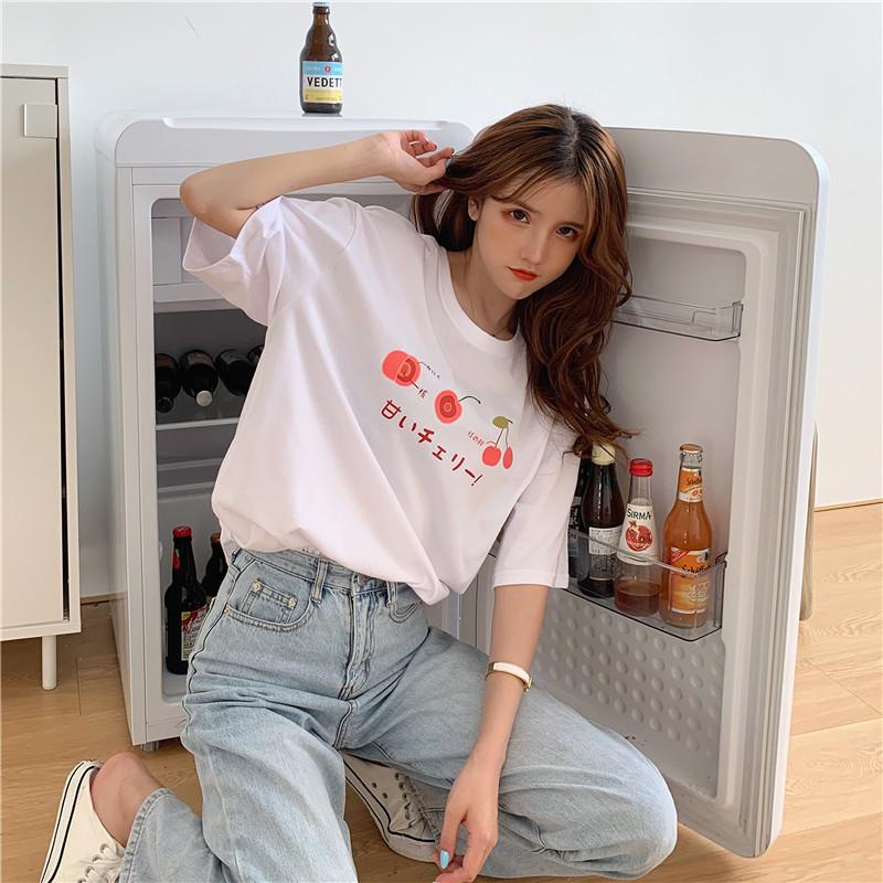 

Фруктовый принт корейская женская свободная футболка с коротким рукавом женские повседневные топы женские one size белый