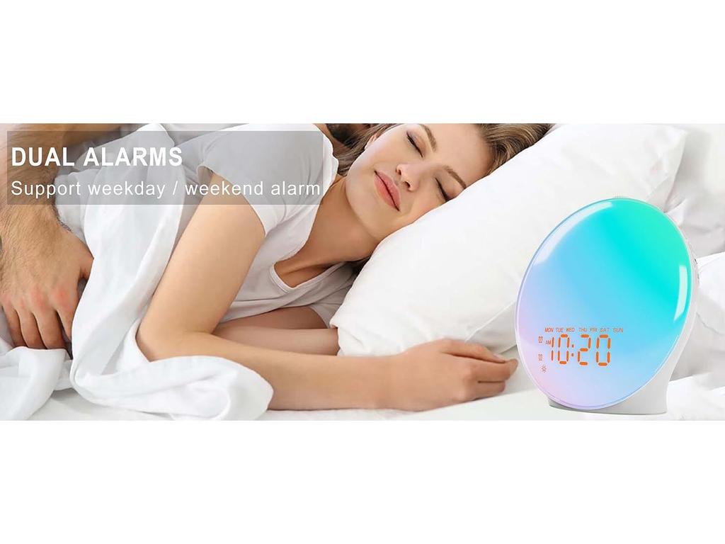 Sonnenaufgangs- & Sonnenuntergangssimulations-Wecker mit FM-Radio und buntem Nachtlicht für Kinder.