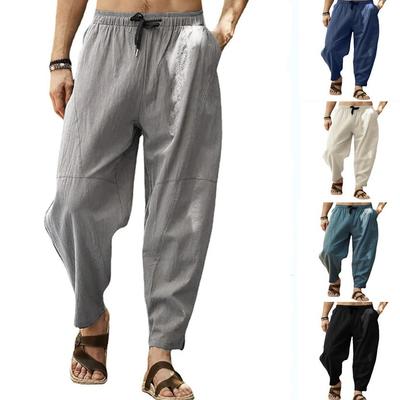 Pantalon Baggy Long en coton et lin pour hommes, jambes larges, taille élastique, sarouel ample