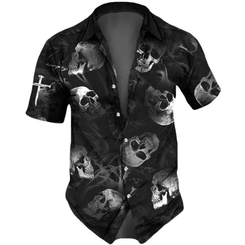 Horror Skulls Print  Men's Shirts Summer Hip Hop Style Short Sleeve Lapel Shirts For Men Streetwear Hawaiian Beach Holiday Shirt