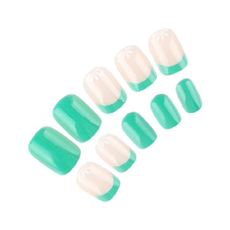 24 Pcs Green French Tip False Nail Flowers Press On Nail Solid Color Stick on Nail Manicures Supplies for Woman