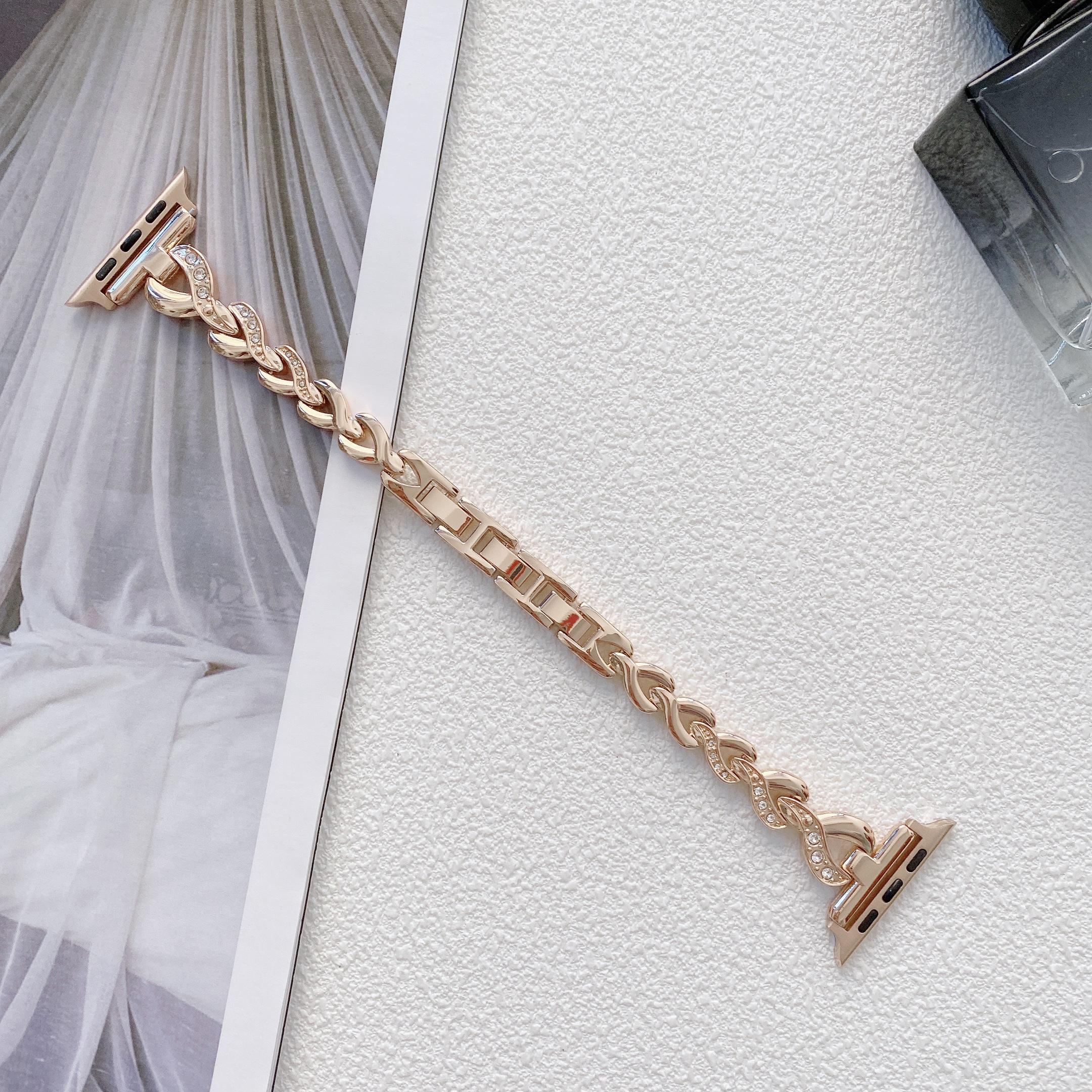 

Женский браслет для Apple Watch Band 7 6 se 41 45 44 38 42 мм, женский роскошный ювелирный металлический кожаный браслет для iWatch с бриллиантами 40 мм 49/45/44/42mm розового золота