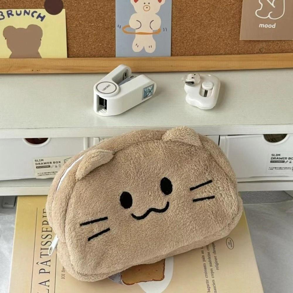 Desk Organizer Smile Cat Pencil Bag Large Capacity Cat Makeup Bag Plush Pencil Case  Stationery