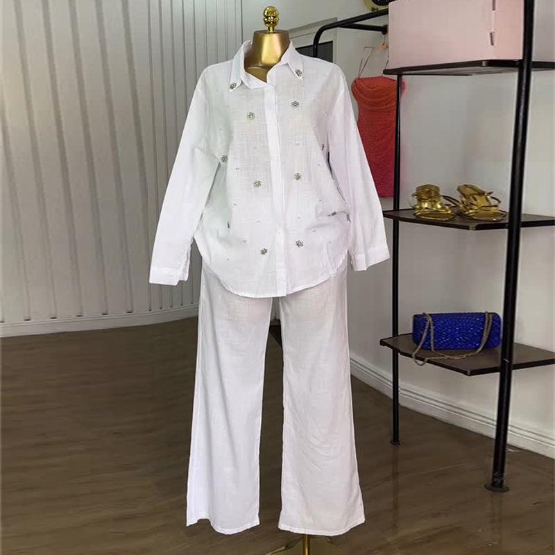 European & American Women's 2025 Summer Two-Piece Set: Sweet Fresh Lapel Beaded Shirt with High Waist Straight Leg Pants.