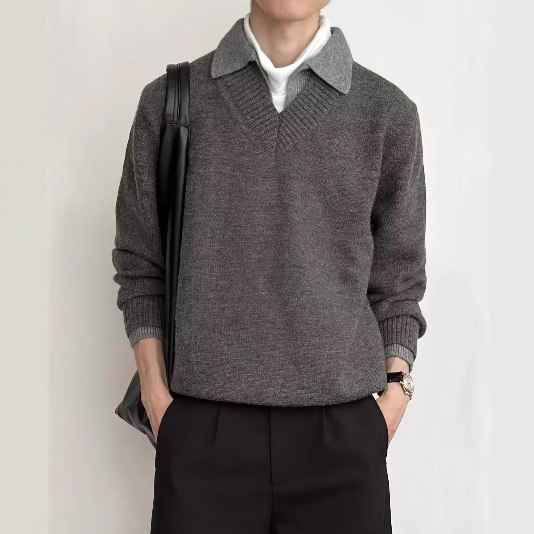 2025 Feel Fake Layered Sweater AutumnWinter Loose Knitwear Lightly Mature Color Block Style for Students Small серый 2800₽