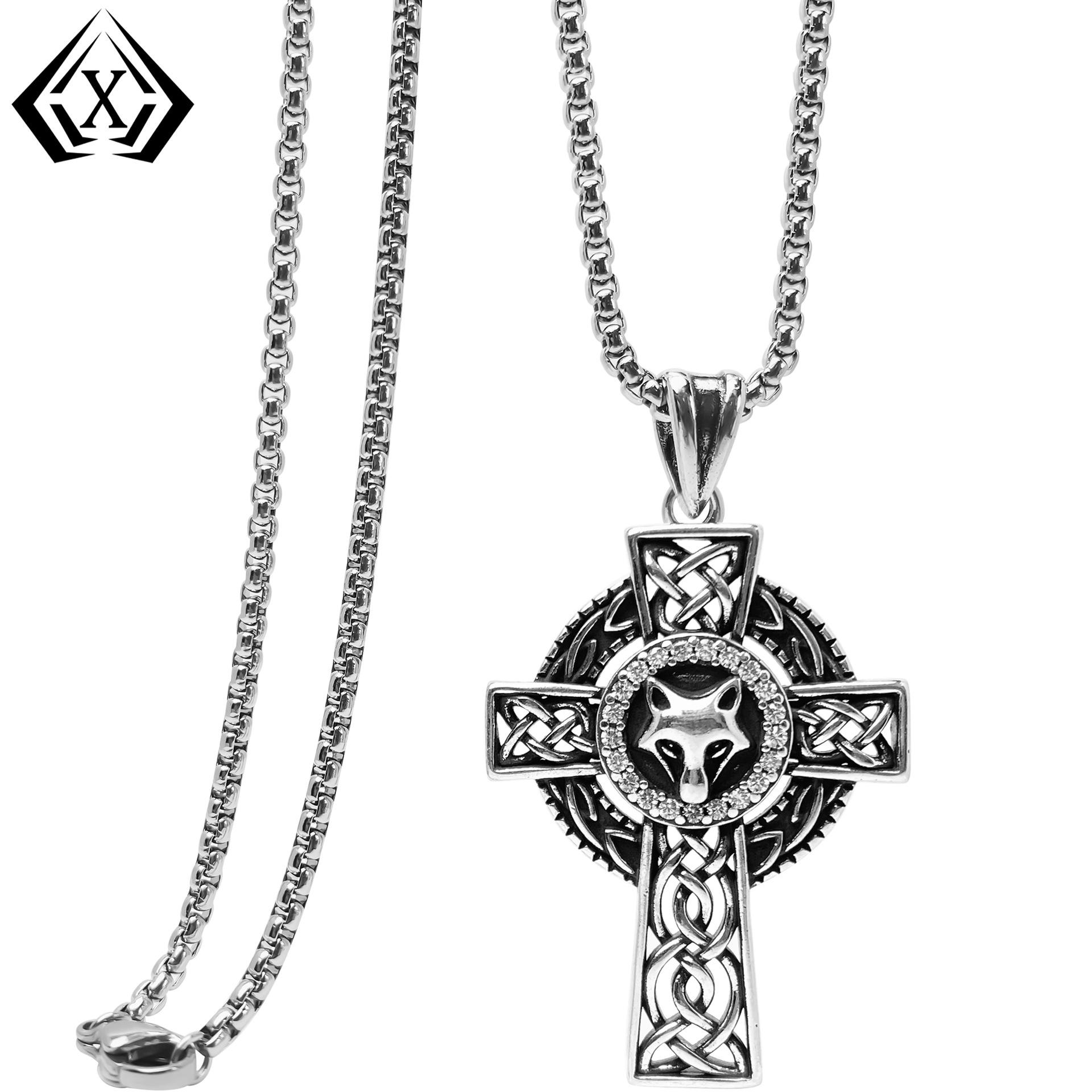 

Men s Vintage Rhinestone Fox Pendant Cross Necklace
