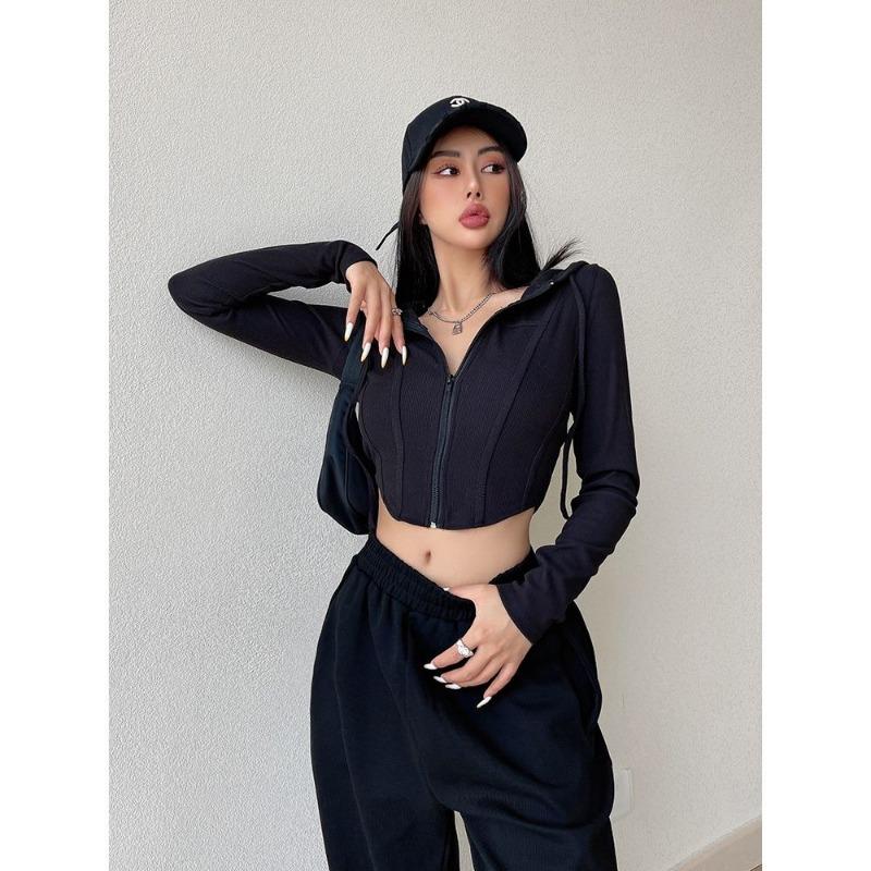 Sportwear Blouse Pure Desire Style Zipper Hooded T-shirt for Women's Spring and Summer New Style Slim Fit Waist Slimming Short Sleeved Jacket Coats