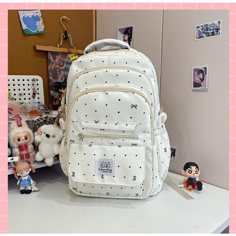 School Bag, Primary and Secondary School Students, Girls, Heart Polka Dots, Bows, All-match New High-value Backpack for Women