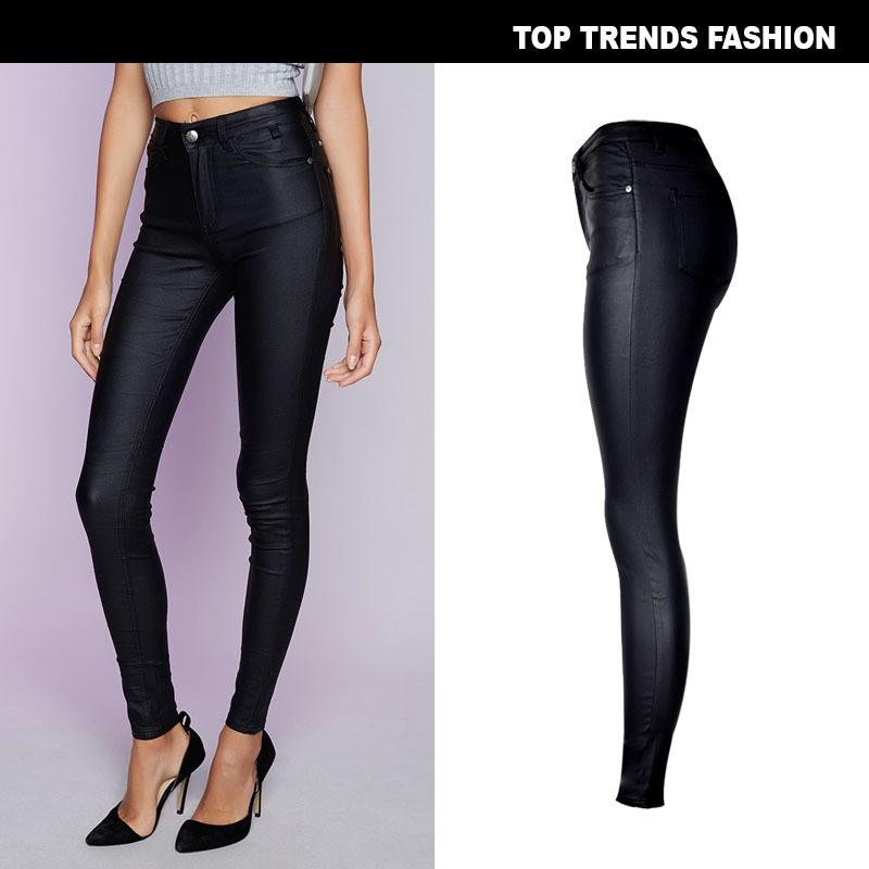High Waist Slim Fit Stretch Faux Leather Denim Pants With PU Pockets Motorbike Style Plus Size