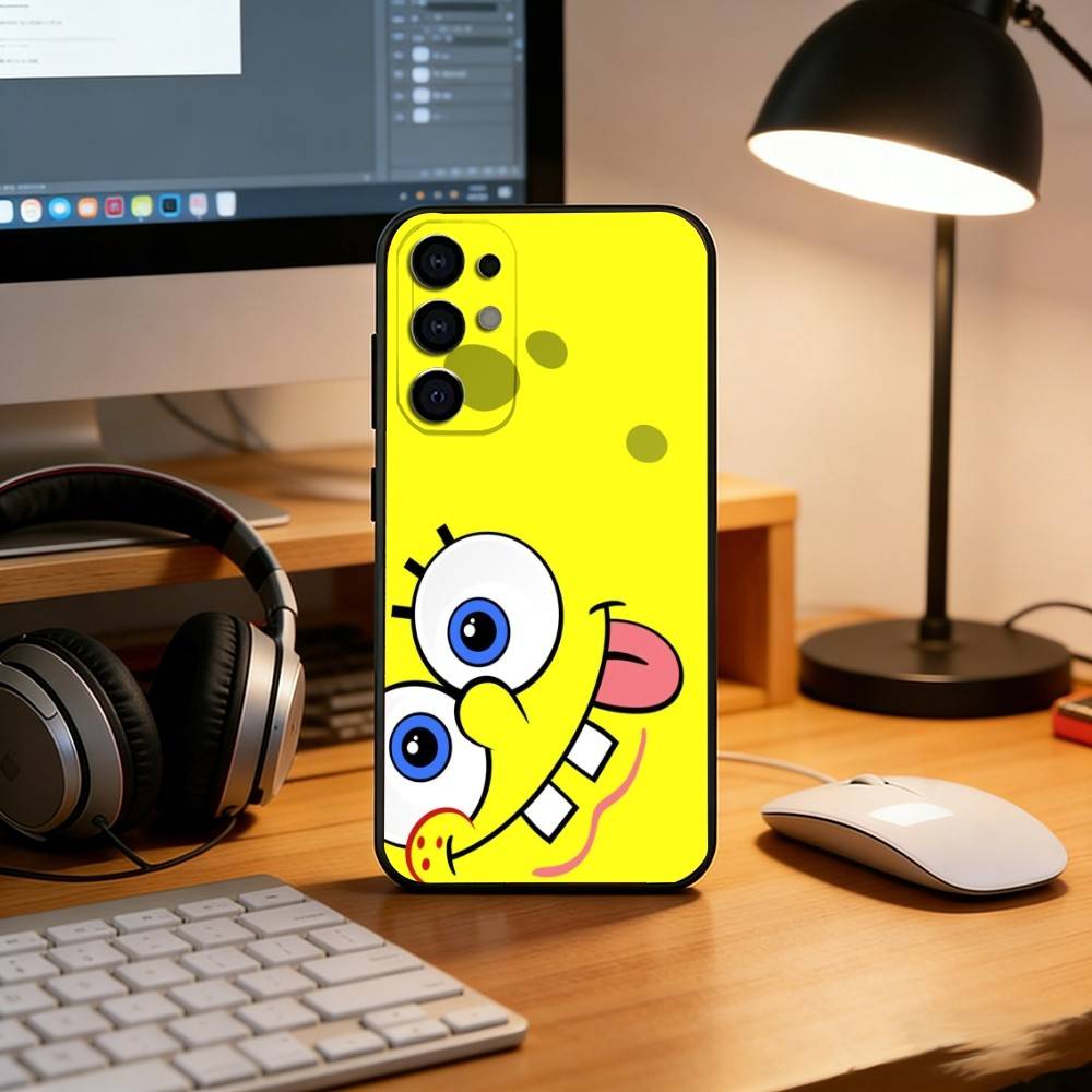 C-Cute Yellow Cartoon Sponge Phone Case Black Silicone Soft For Samsung S25,S24,S21,S22,S23,S30,Ultra,S20,Plus,Fe,Lite
