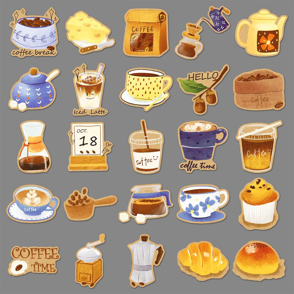 50 Creative Coffee Stickers Cartoon Hand-painted Small Fresh Decorative Mobile Phone Case Water Cup Sealing Sticker Hand Account Sticker