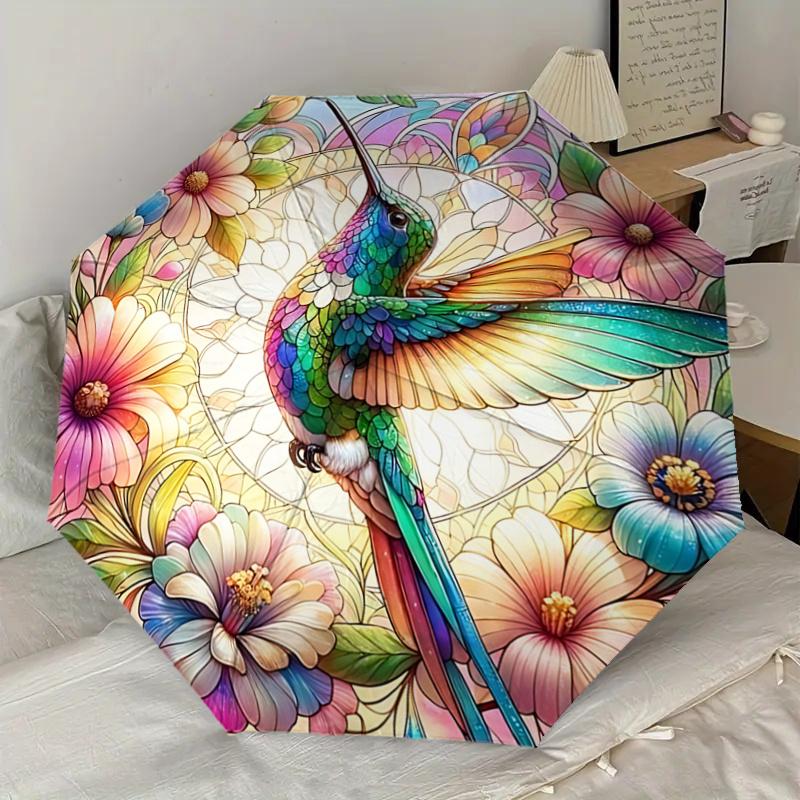 Stained Hummingbird Floral Pattern Automatic Folding Umbrella - Portable 3-Fold Design with Iron Frame, Perfect for Outdoor Use, Festive Gif