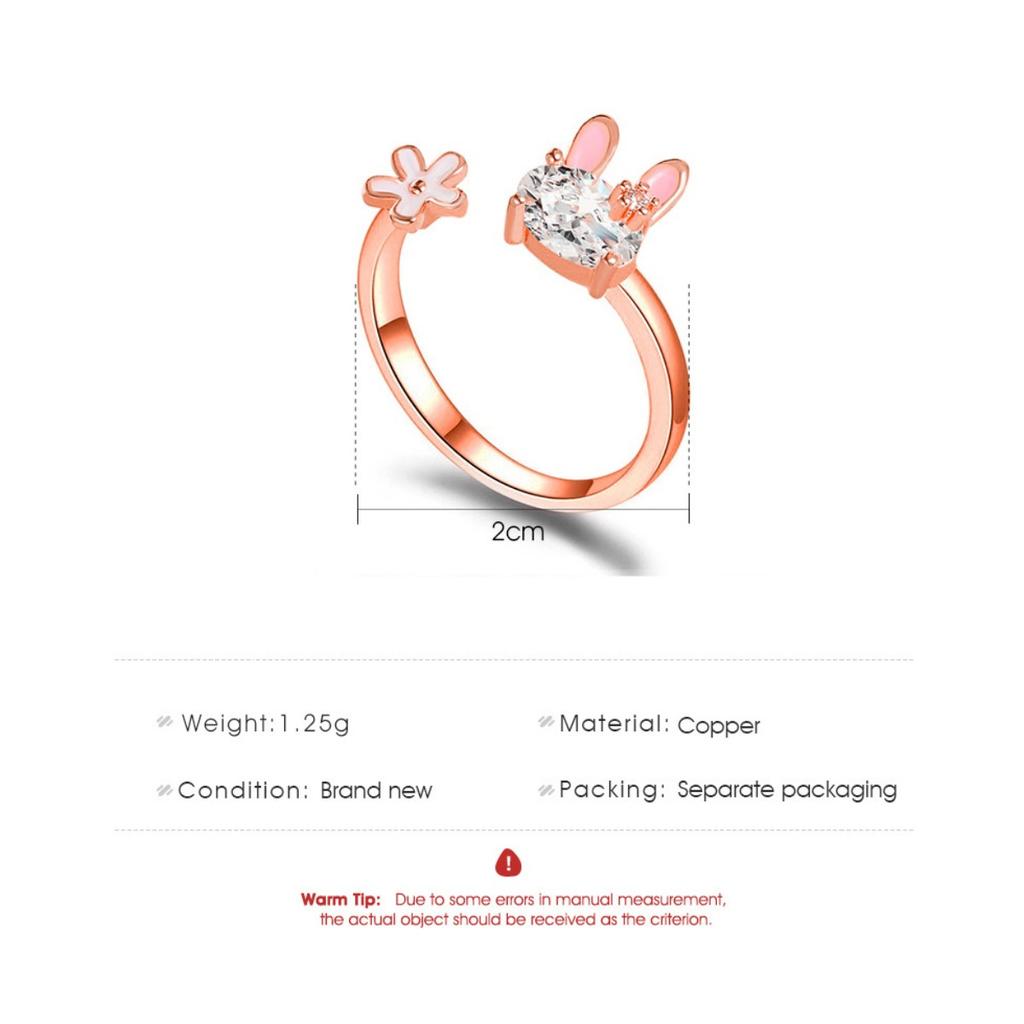 Open Adjustable Rabbit Flower Ring Oval Shiny Stone Pink Ear Enamel Cute Animal Floral Finger Jewelry for Women