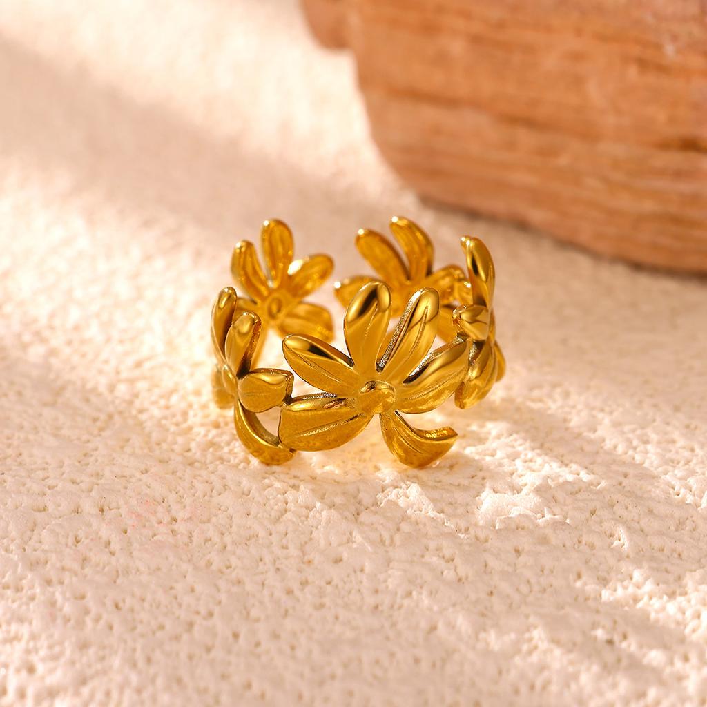 Asymmetric Flower Ring Women Girls Stainless Steel Geometric Flower-Bud Wide Anillos Gold Color Elegant Romantic Jewelry Gifts
