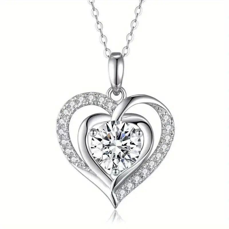Nested Double Heart Full Paved Border Center Heart Cut Zircon Pendant Women Clavicle Necklace