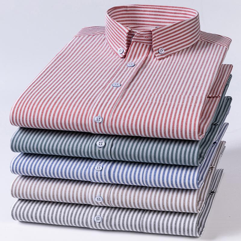 New Cotton Oxford Shirts Men's Long Sleeves Stripe Thin Soft Regular Fit Formal Dress Shirt Pocket Social Blouse Male Clothing