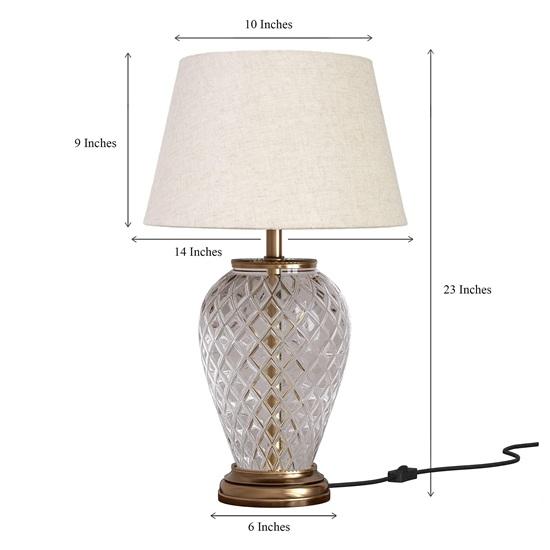 Glass Table LED Lamp Royal Diamond Cut Glass Off White Lampshade Bedside, 58.42 cm Living Room, Bedroom, Home Decoration, Hotel Pack of 1