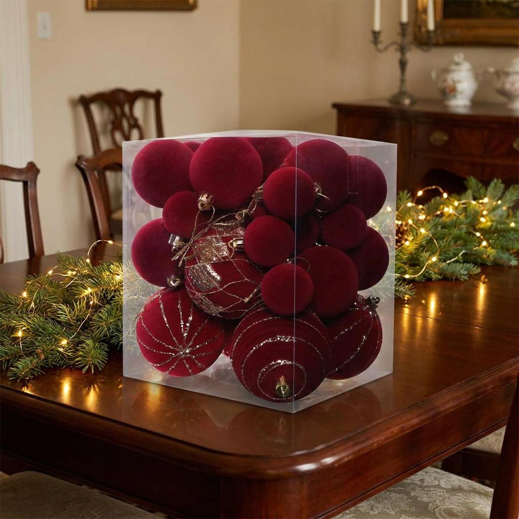 36-Piece Wine Red Velvet Christmas Bauble Set – 8cm/6cm/4cm Flocked Tree Ornaments with Gold Detail