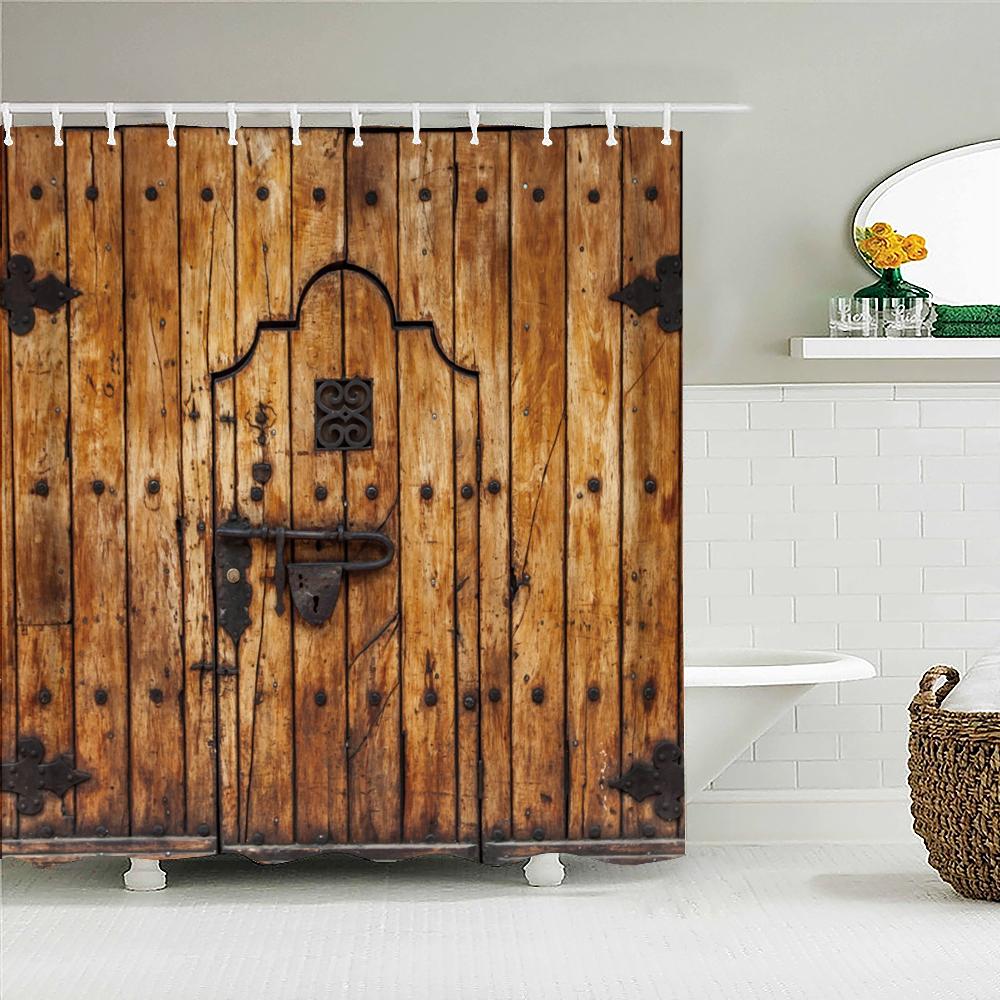 

Настенные душевые шторки Геометрическая шторка для душа Водонепроницаемая шторка для ванной Комнаты Ретро Декор под старое дерево Многоразмерные шторки для душа W90xH180cm