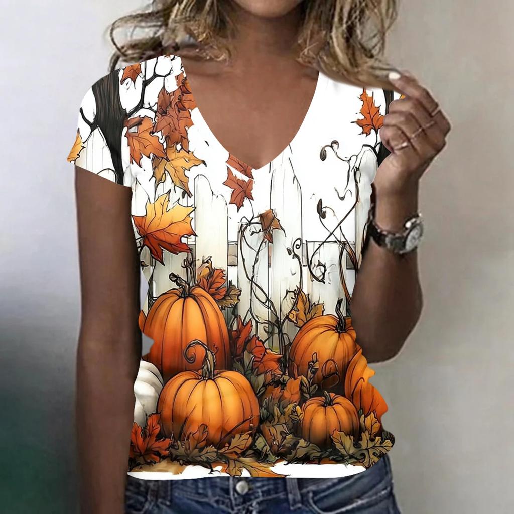 Women's V-Neck Halloween Print Lightweight Blouse for Spring and Summer