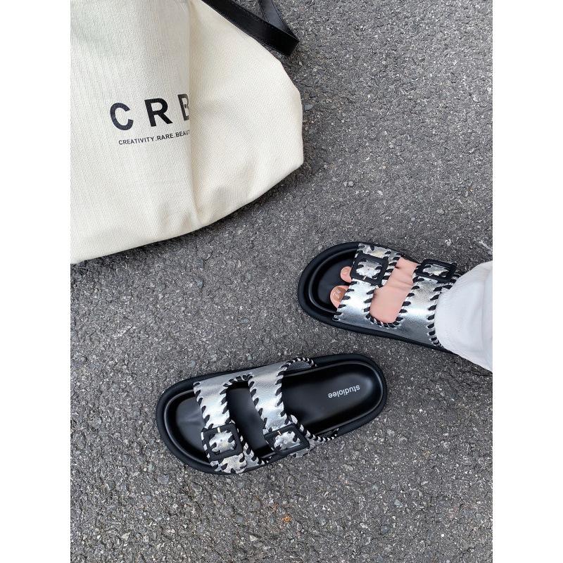 

! Versatile shoes, one pedal open-toed double-breasted thick-soled height-increasing slippers women 40 серебряный