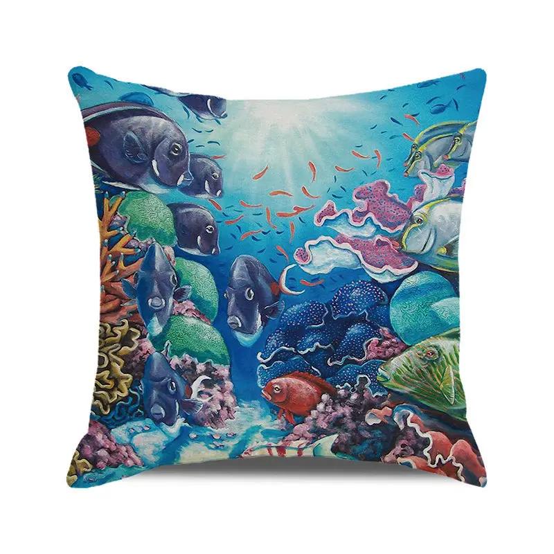 Blue Ocean Style Square Cushion Cover 45x45 cm Beach Coconut Grove Sunset Scenery Print Pillowcase Home Decor Linen Pillow Cover