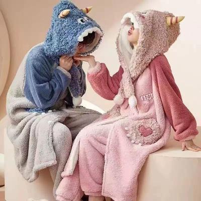 Autumn and Winter Coral Fleece Nightdress Men and Women Thick Plus Size Flannel Sweet Long Knee-length Nightgown Little Monster Cute Pajamas Set