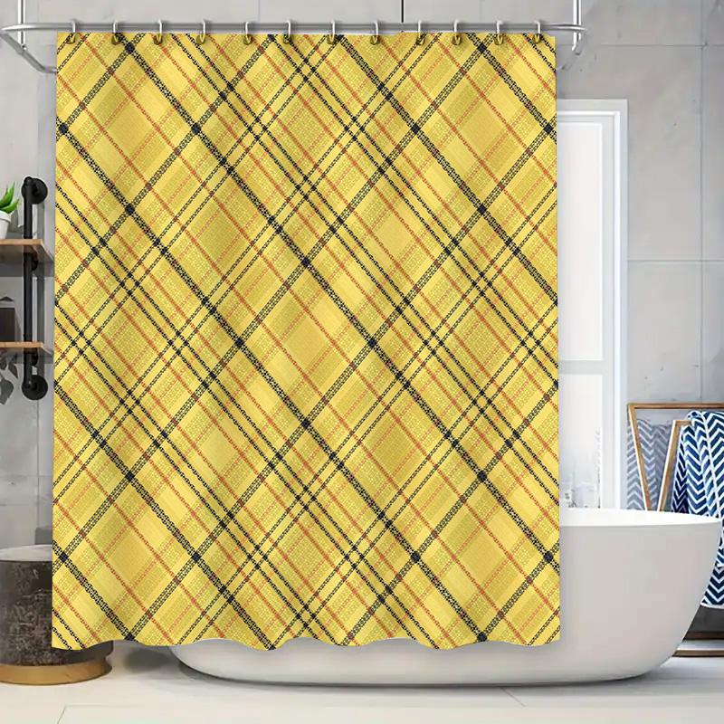 

Orange Blue Plaid Shower Curtain Bath Mat Decorative Modern Waterproof Textured Washroom Rug Perfect For Home Decoration Bathroo W60H190(CM)-1 Pcs