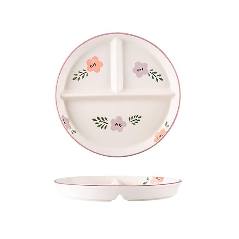 Three Dividing Plate Ceramic Household Japanese New High Aesthetic Plant Print Dining Plate Popular Adults Loss Weight Tableware