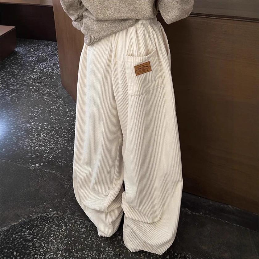 Corduroy High-Waist Striped Drawstring Trousers